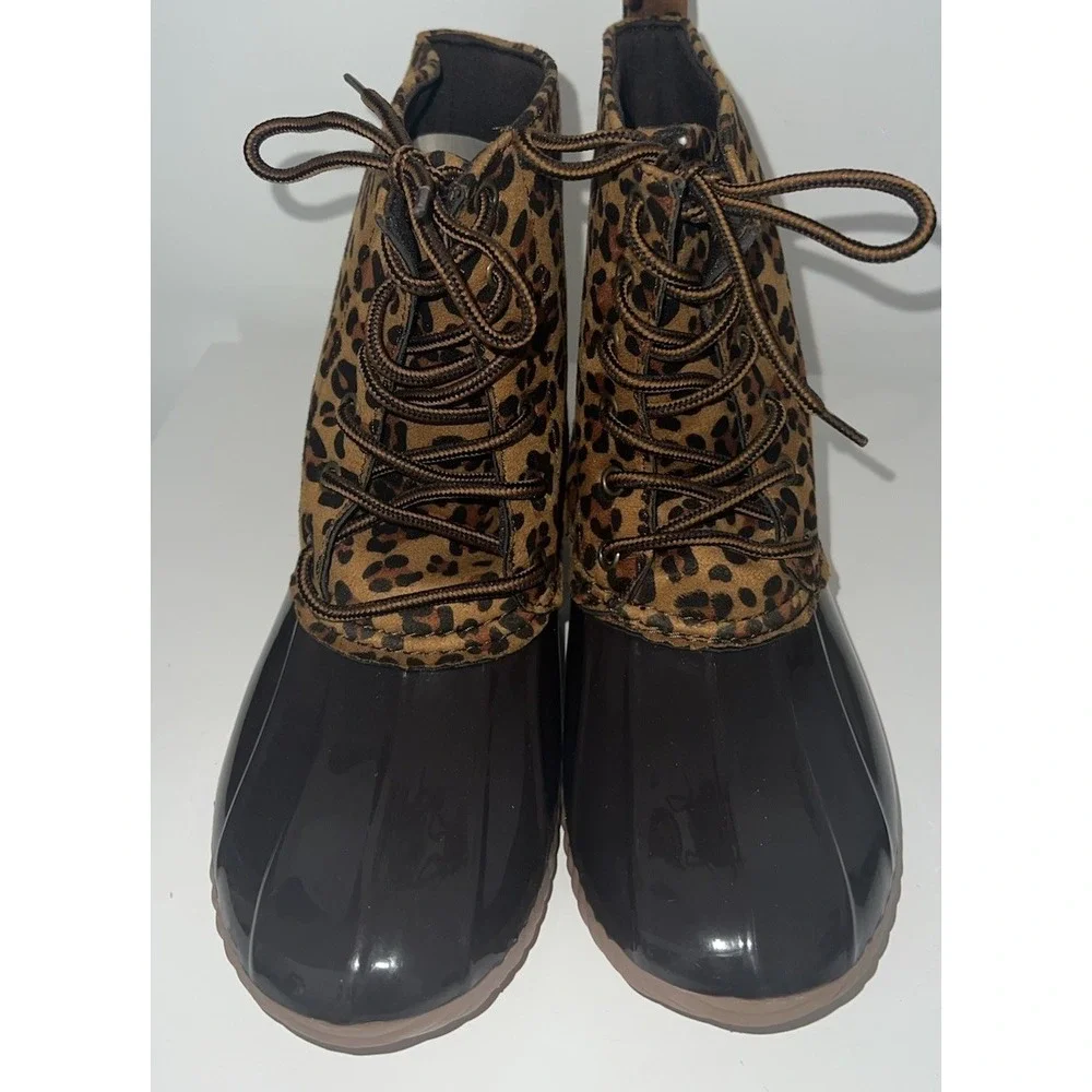 (b14/8) Avanti ZELDA-LEO Lace Up Rain Boots Mid Calf Duck Boots Leopard  Size8
